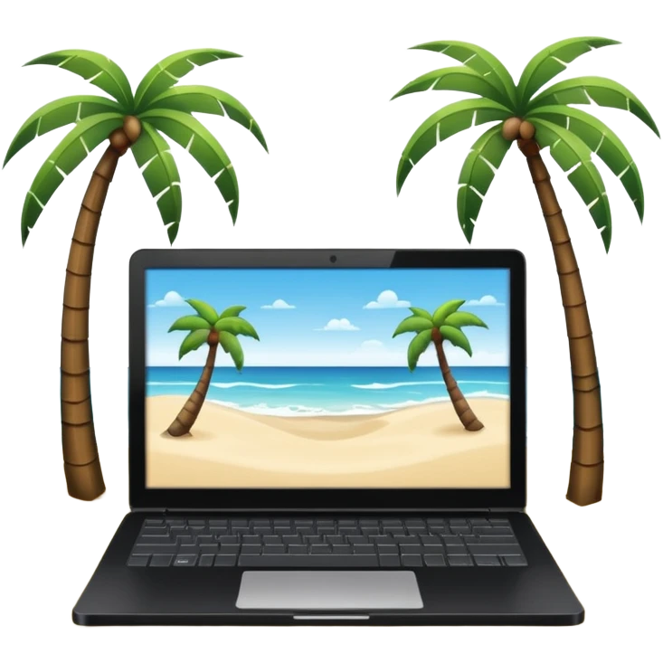 An open laptop on the beach. bildschirm ist schwarz und im hintergrund sind palmen, meer emoji