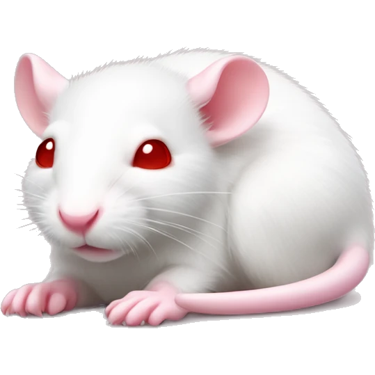 Realistic white rat with small ears, bright red small eyes and baby pink tail wrapped around body and baby pink paws in sleeping position neutral face eyes open body is lying down curled up emoji