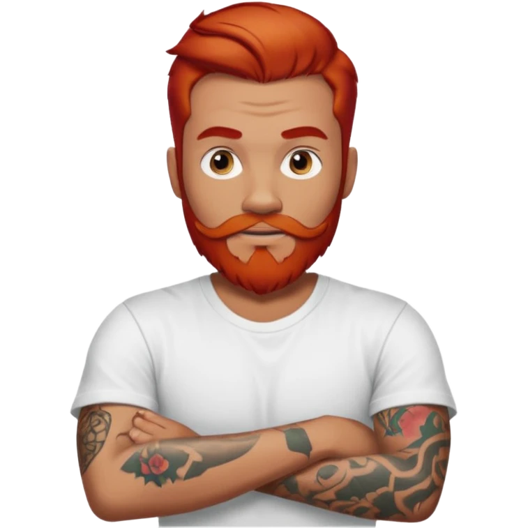 a guy with red beard red hair slick back white tshirt and tattoos oldschool on his arms emoji
