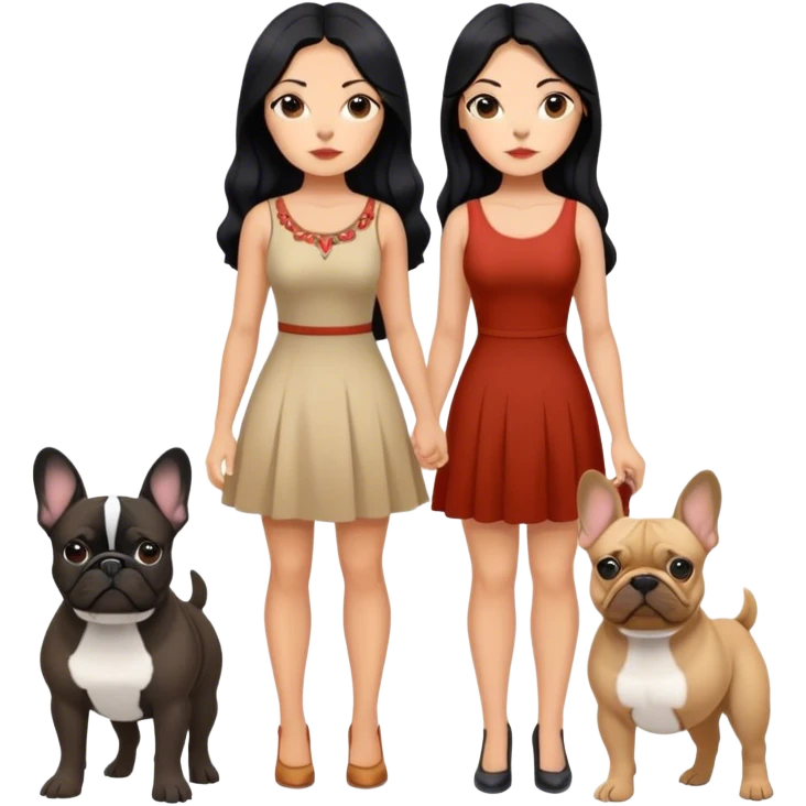 latin woman in a dress with long black hair standing alongside two French bulldogs  emoji