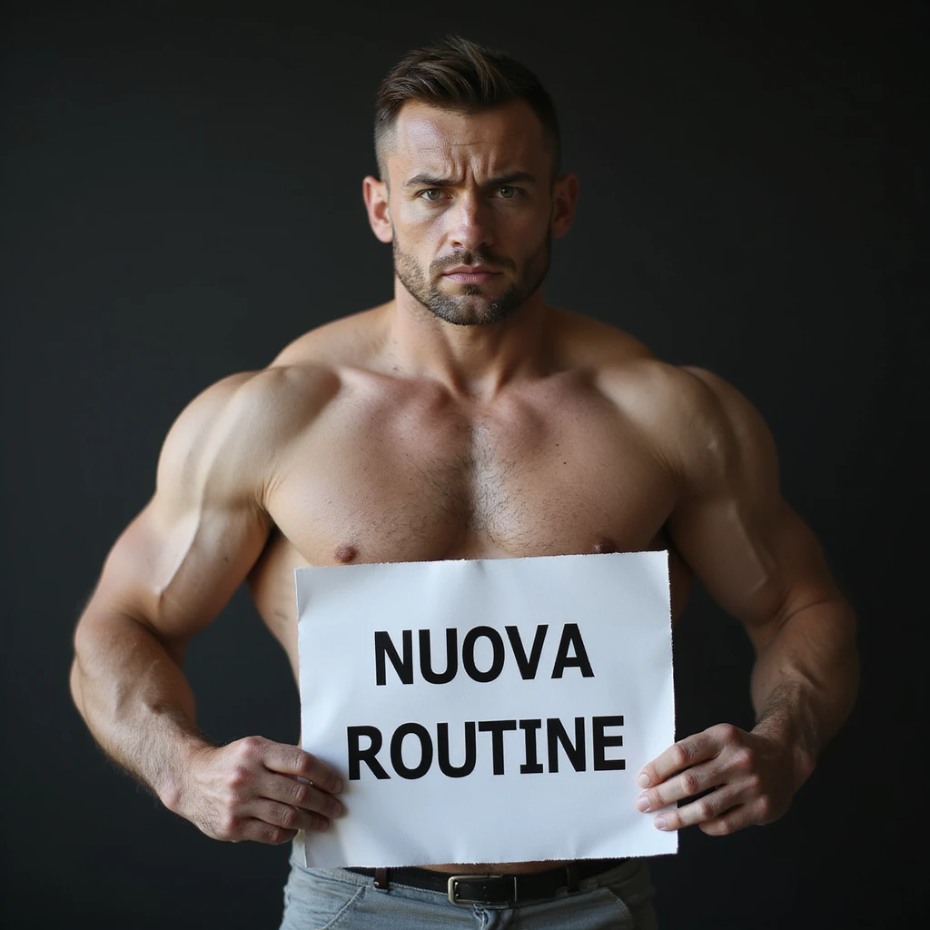 hyperrealistic 4K image of a sad muscular fitness man holding a sheet with the text 'NUOVA ROUTINE', no background, variation 18 emoji