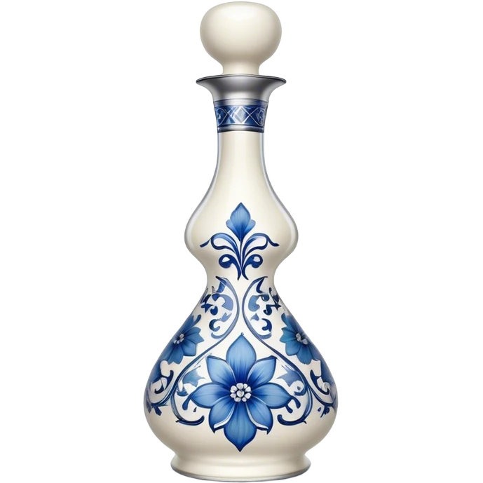 A sleek, tall, and elegant white bottle with intricate blue floral patterns, a curvy hourglass shape, and a reflective silver cap, reminiscent of fine ceramic craftsmanship and luxury tequila emoji