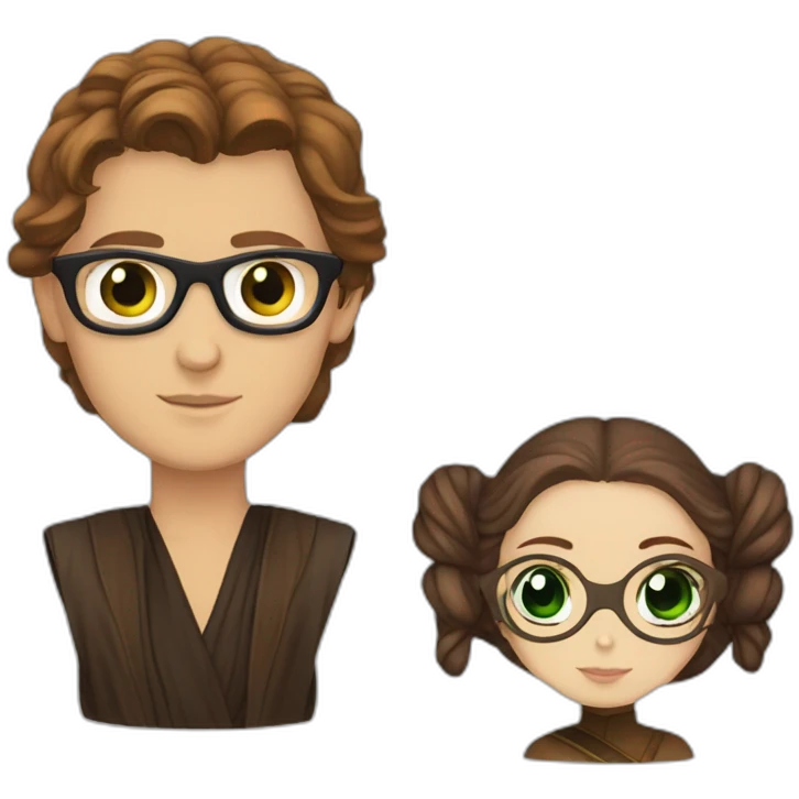 anakin with glasses and padme with green eyes, long brown hair emoji