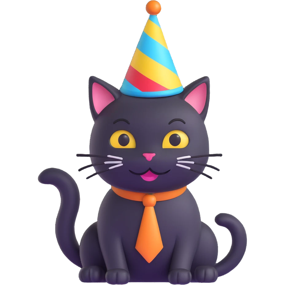 a black cat having a birthday party, 3D emoji style emoji