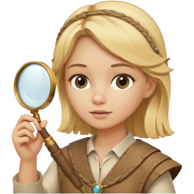 blonde haired girl in archaeological outfit, holding magnifying glass emoji