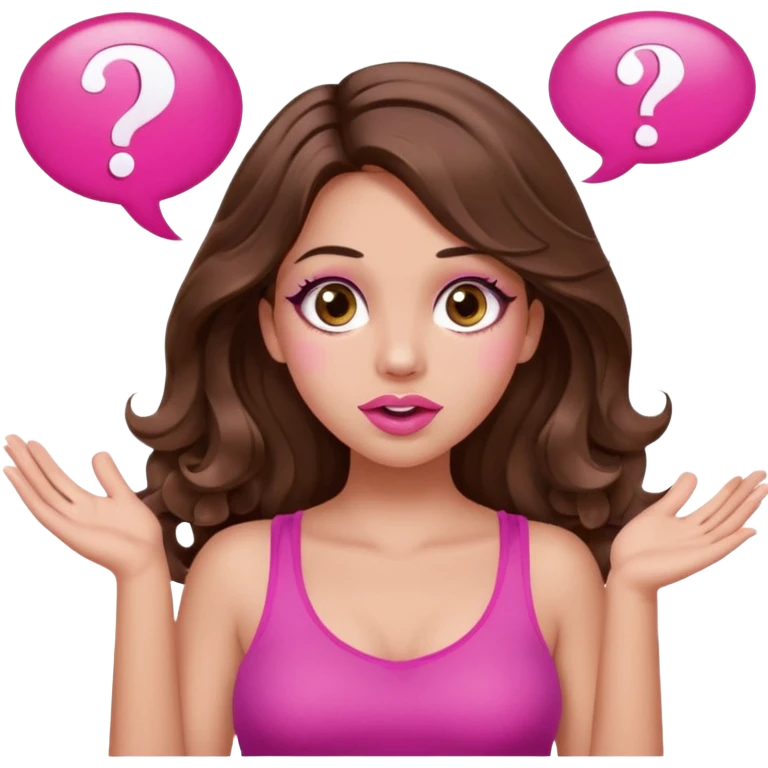 girl with long wavy brown hair, brown eyes, long lashes makeup, sexy pink lips, light to medium complexion, pink sexy top, two hands up, shrugging, confused question mark bubble sign emoji
