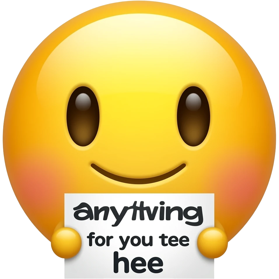Yellow smiley blushing embarrassed holding up a sign sign that says "anything for you tee hee" emoji