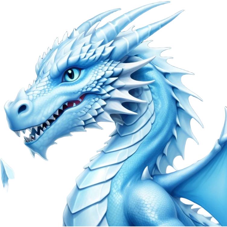 Cinematic Noble wise elegant Ice Dragon Portrait Emoji, Poised and imposing, distinct long elegant snout, with a slender, scaled body shimmering in glacial hues of icy blue, frostbitten silver, and crystalline white, breathing out frost, with piercing, glowing ice blue white eyes that radiate the chilling depths of an arctic storm; rendered in detail. excuding wisdom emoji