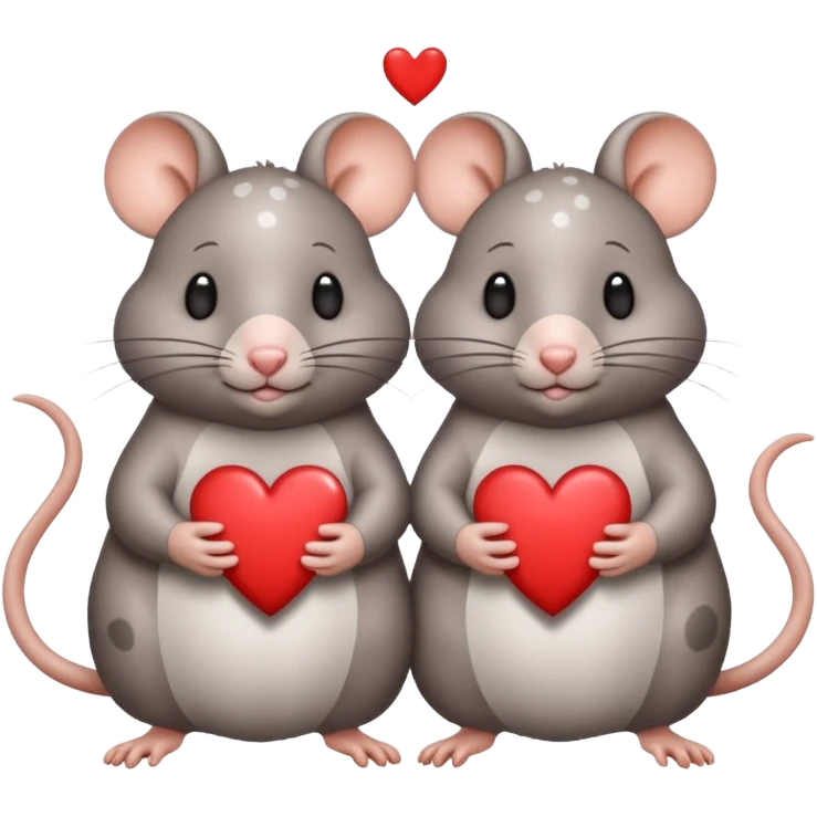 two fat little rats holding hearts one grey with white spots the other warm brown emoji