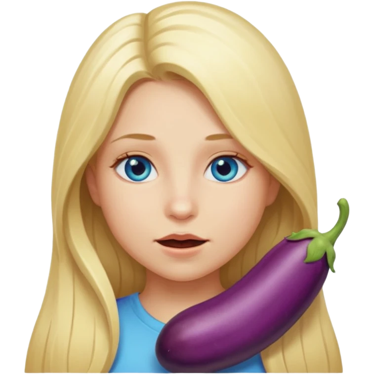Girl, long blond hair, blue eyes, eggplant on mouth emoji