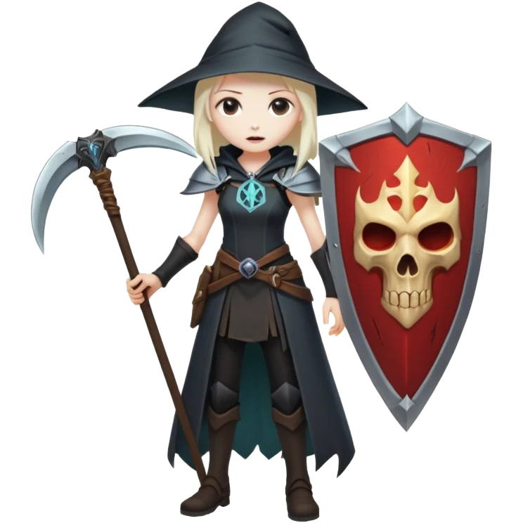 Necromancer girl with scythe and shield, in front of a dead mage emoji