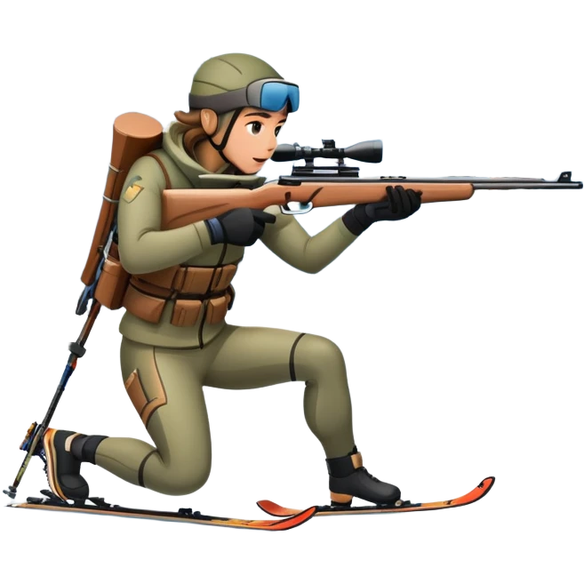 An icon showing a snowy landscape with pine trees, mountains, and a clear sky with a biathlete aiming a rifle in the foreground, wearing winter gear and skis. Transparent background emphasizes the precision, endurance, and beauty of this winter sport. emoji