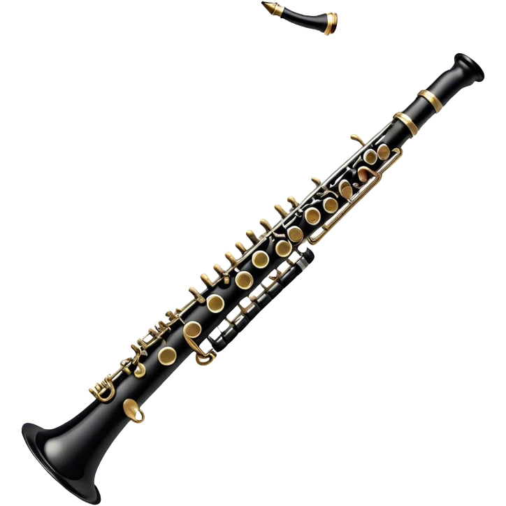 Create an elegant and detailed emoji representing a clarinet. The design should feature the sleek, black wood finish of the clarinet with its shiny metal keys clearly visible. Highlight the intricate details, such as the bell at the end and the carefully crafted mouthpiece with the reed. Use black wood tones for the body of the instrument and silver or brass accents for the keys. Add subtle musical notes or soundwaves floating around the instrument to evoke the smooth, melodic sound of the clarinet. The background should be transparent. emoji