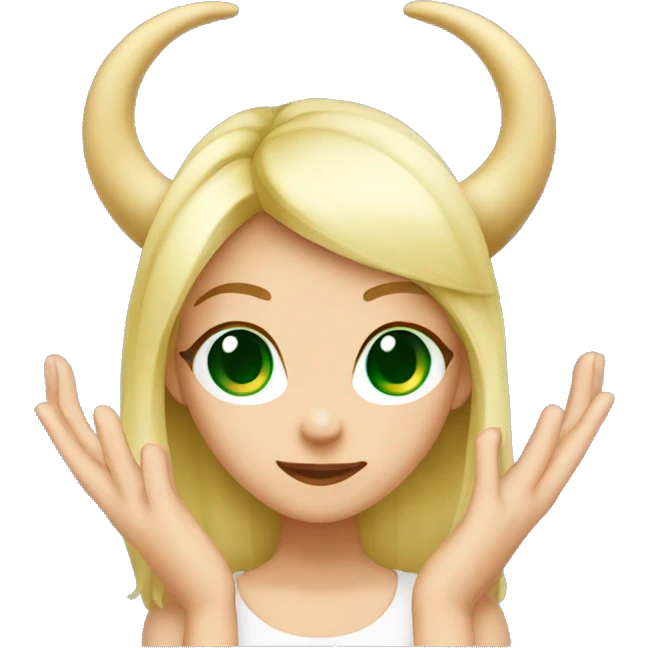 The blonde girl green eyes makes horns with her hands emoji