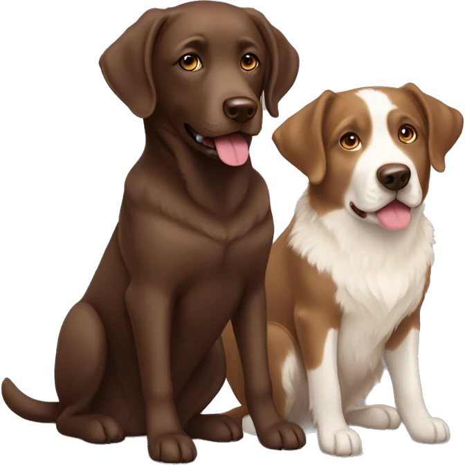 a sitting chocolate labrador, and a sitting a full body, tan, cream, white Australian Shepard emoji