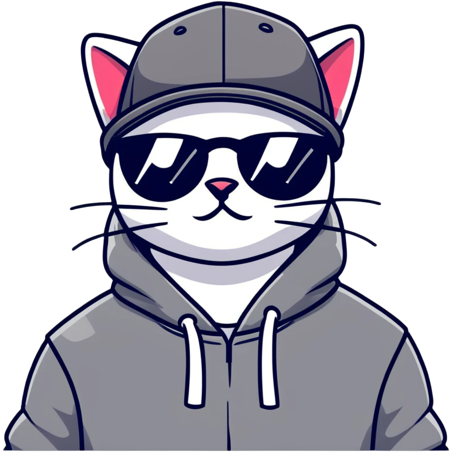 cat wearing a black snapback cap and black hoodie, with black sunglasses positioned low on his nose, winking one eye while looking directly at the viewer over the top of his sunglasses with a mischievous expression, doing graffiti with spray paint emoji