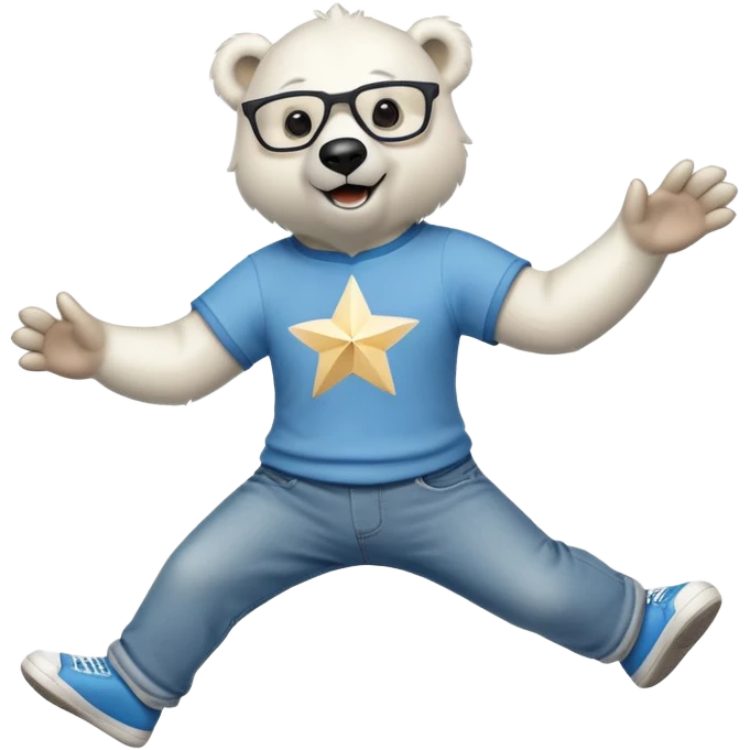 friendly anthropomorphised polar bear jumping and looking excited, wearing a shirt, jeans, trainers, star-shaped glasses emoji