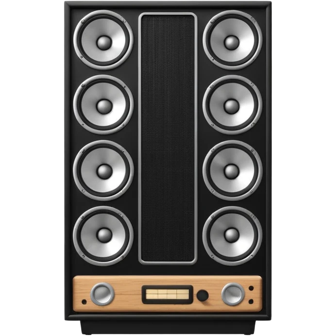 3D render of Speaker Stack, vintage 1980s audio equipment aesthetic, tactile analog buttons, matte black cabinet with a large white cone center, mixed wood grain and brushed aluminum textures, Apple emoji style, isolated on white background --v 6.0 emoji