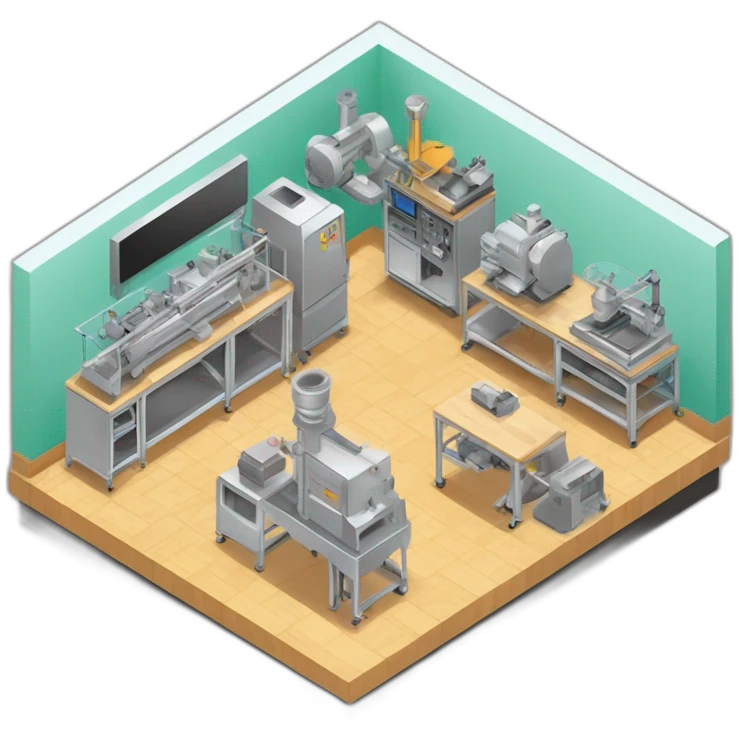 isometric square transparent solid outline border containing indoor creative workshop handmade factory 3 people actively working cnc machine tools vacuum simple clean industrial emoji