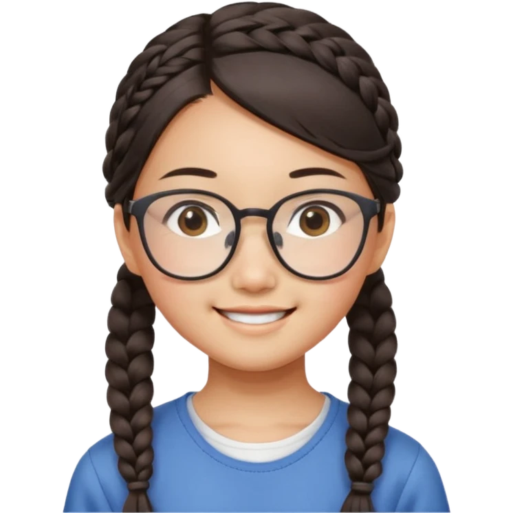 14-year-old Asian girl, side braid, square glasses, head tilted, smiling widely emoji