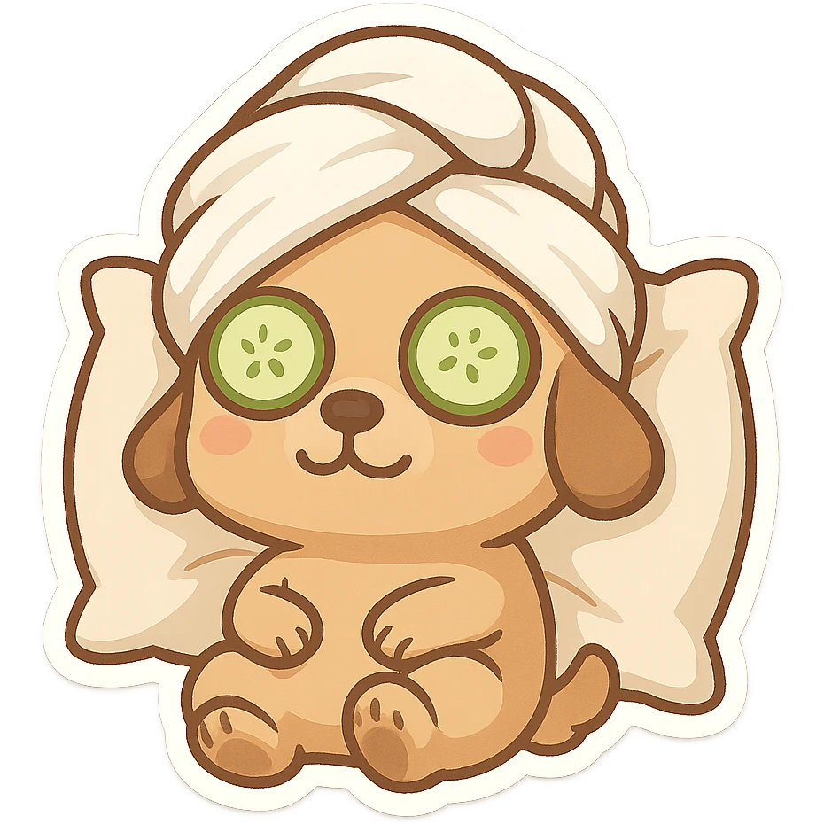 Relaxed dog with cucumber slices on eyes, towel wrapped on head and pillow emoji