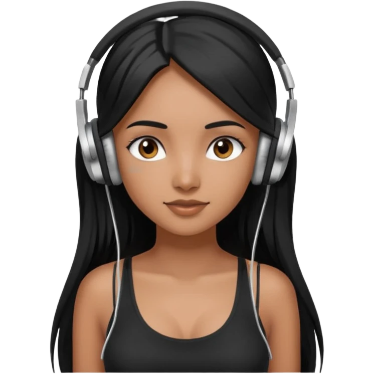 a fair INDIAN girl with straight black long hair, wearing a black cami top. and wearing silver  headphones on emoji