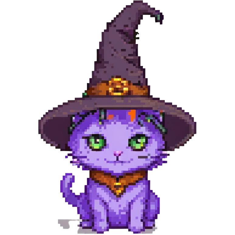 purple witch cat with a hat pixel art emoji