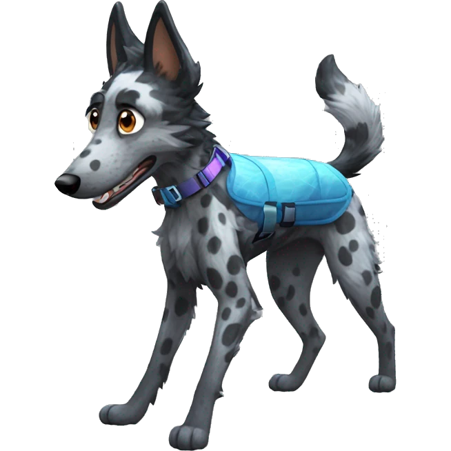  Black spotted brindle fluffy lurcher fox blue eyes fluffy ears and holographic harness running emoji