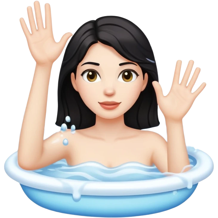 Dark-haired woman in bubbling water with one hand raised high and other hand on tub rim emoji
