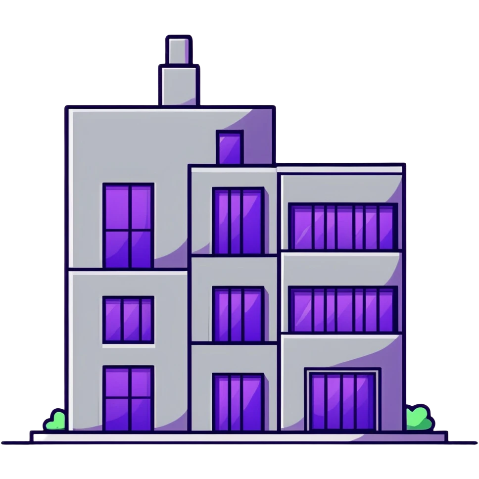 Minimalist gray concrete panel building, slight ghetto vibe, one window with bright purple ultraviolet light for growing plants, simple rectangular shape, stark and bare emoji