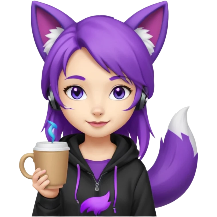 chibi fox girl with purple hair , purple fox ears, purple fox tail, black hoodie, blue eyes with head phones around her neck and white shorts, generate her looking smug holding a large coffee cup emoji