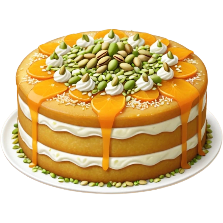 A small round emoji of traditional kanafeh with golden-orange crispy threads, a gooey white cheese center, and a light sprinkle of green pistachios. Warm and delicious-looking. emoji