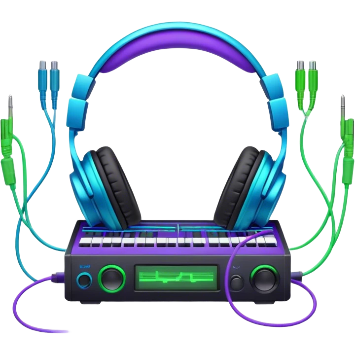 Create a creative and technical emoji that represents sound design. The design should feature a soundwave, a pair of studio headphones, and an audio synthesizer or soundboard to symbolize the manipulation and creation of unique soundscapes. Add subtle elements like audio cables, a mixing console, or a waveform to reflect the technical aspect of sound design. Use vibrant, futuristic colors like neon blue, purple, and green to represent innovation and creativity in sound. The background should be transparent. emoji