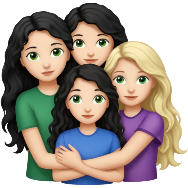 Компанія дівчат троє одна дівчина з чорним волоссям хвилястим довгим карими очима, друга з блондинистим довгим волоссям блакитними очима, третя з темним каштановим волоссям і зеленими очима, вони усі обіймаються emoji