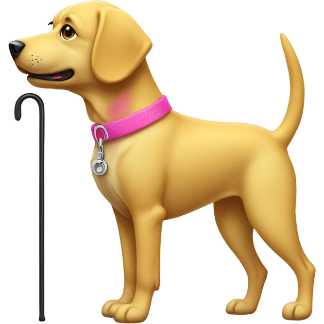 Yellow dog with a pink collar with a cane for the blind emoji