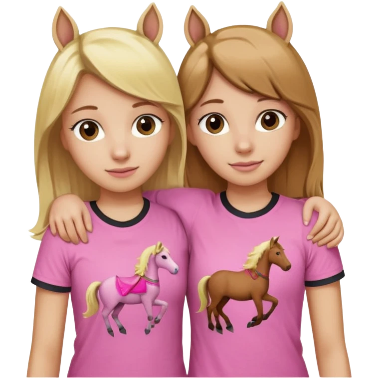 Two Girls with their arms around each other at summer camp one blonde one brown hair brown hair wearing pink horse shirt emoji