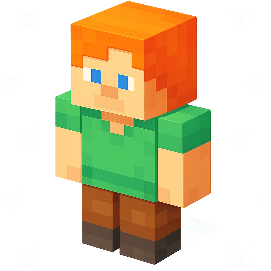 Alex from Minecraft, 3D blocky voxel style, orange hair, green shirt, brown pants, facing forward, classic Minecraft look emoji