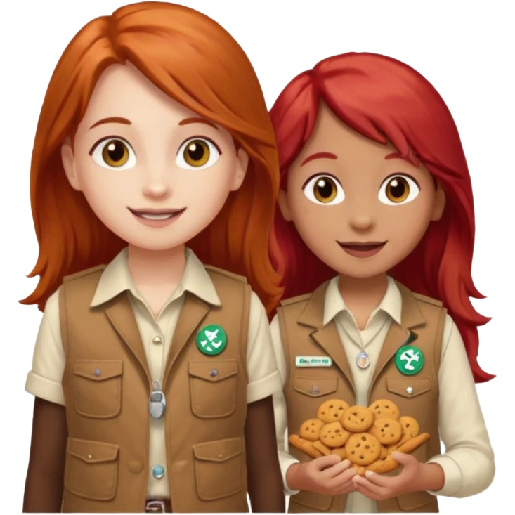 happy white girl scout with red long hair selling cookies with a brown Girl Scout vest and white shirt under vest. She should be around 10 years old emoji