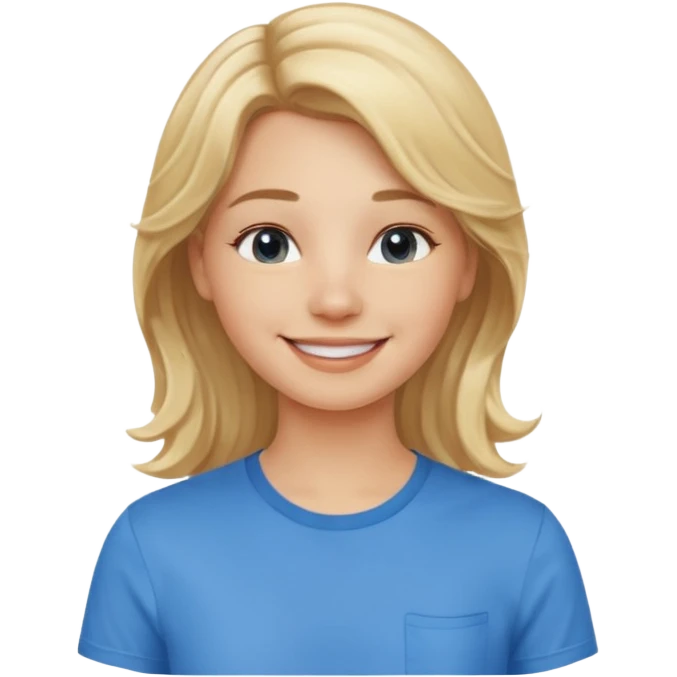 Happy blond girl with light weavy hair with a blue shirt but we can see only her face and neck and the top of the t shirt, no whole body emoji