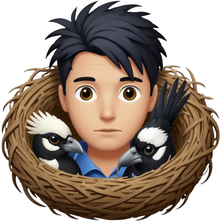 A man who has hair on the top of his head, that is actually an Australian Magpie, birds nest. emoji