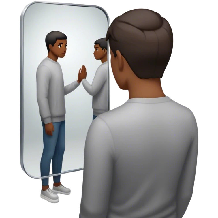 A person looks into a mirror, but instead of their own face, they see a larger figure watching them—distant, imposing, and unreadable. As they step back, the reflection fades, revealing only themselves. They turn away, realizing the power was never in the reflection but in walking away. emoji