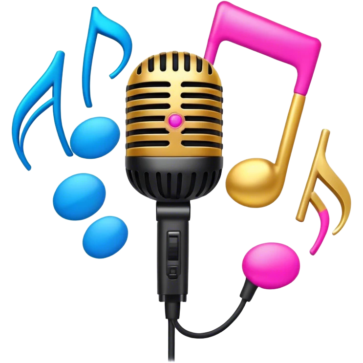 Create a vibrant and energetic emoji that represents pop or stage vocal performance. The design should feature a microphone, a set of musical notes, and a spotlight or stage lighting to symbolize the performance aspect of pop singing. Add elements like studio headphones, a music mixer, or a soundboard to reflect the modern, studio-based nature of pop vocal performance. Use bright colors like neon pink, electric blue, and gold to convey energy, creativity, and the glamour of the stage. The background should be transparent. emoji