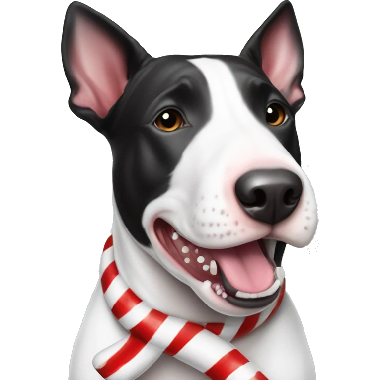 Black and white bull terrier with candy cane emoji