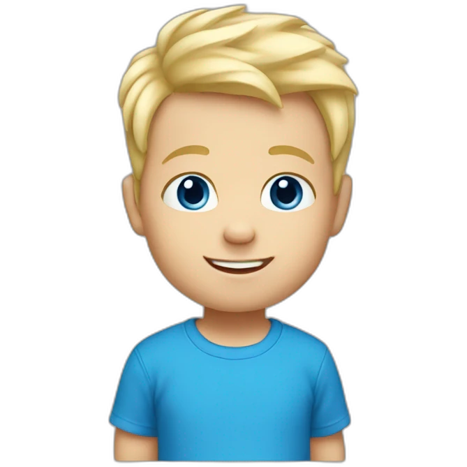 A baby boy with blonde hair, blue eyes and a blue t-shirt and with teeth emoji
