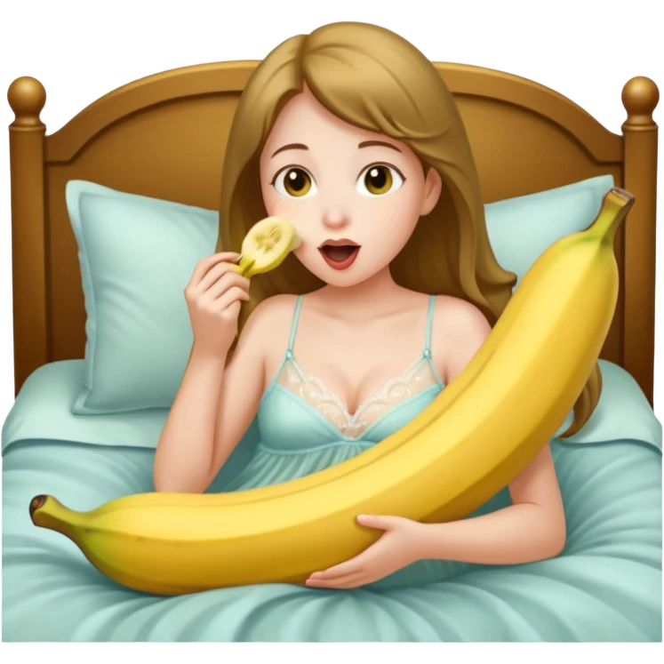 Frau in durchsichtigem Nachthemd leckt an einer ganzen Banane im bett ohne ander Bananen emoji