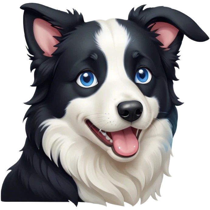 Cinematic Cute Yawning Black and White Border Collie Portrait Emoji, Head tilted slightly with a dramatic, wide-open yawn, showcasing a smooth black and white coat, floppy ears slightly drooping, round blue eyes barely open in drowsy contentment, Simplified yet irresistibly adorable features, highly detailed, glowing with a soft, cozy glow, high shine, relaxed yet alert, stylized with a touch of whimsy, bright and endearing, soft glowing outline, capturing the essence of a sleepy yet spirited herder, so drowsy it feels like it could stretch right out of the screen and curl up for a nap! emoji