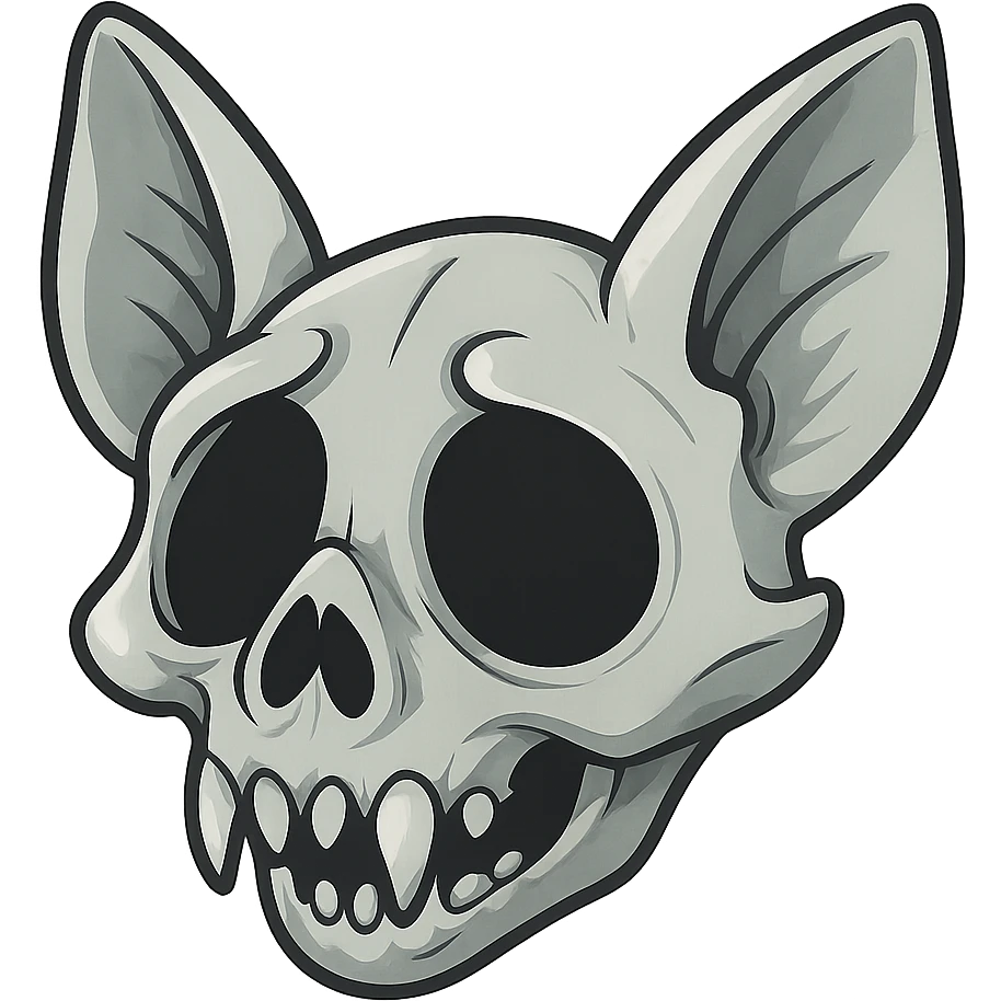 stylized bat skull in light gray tones, cartoon style, with oversized black eye sockets, conveying dramatic or figurative death emoji
