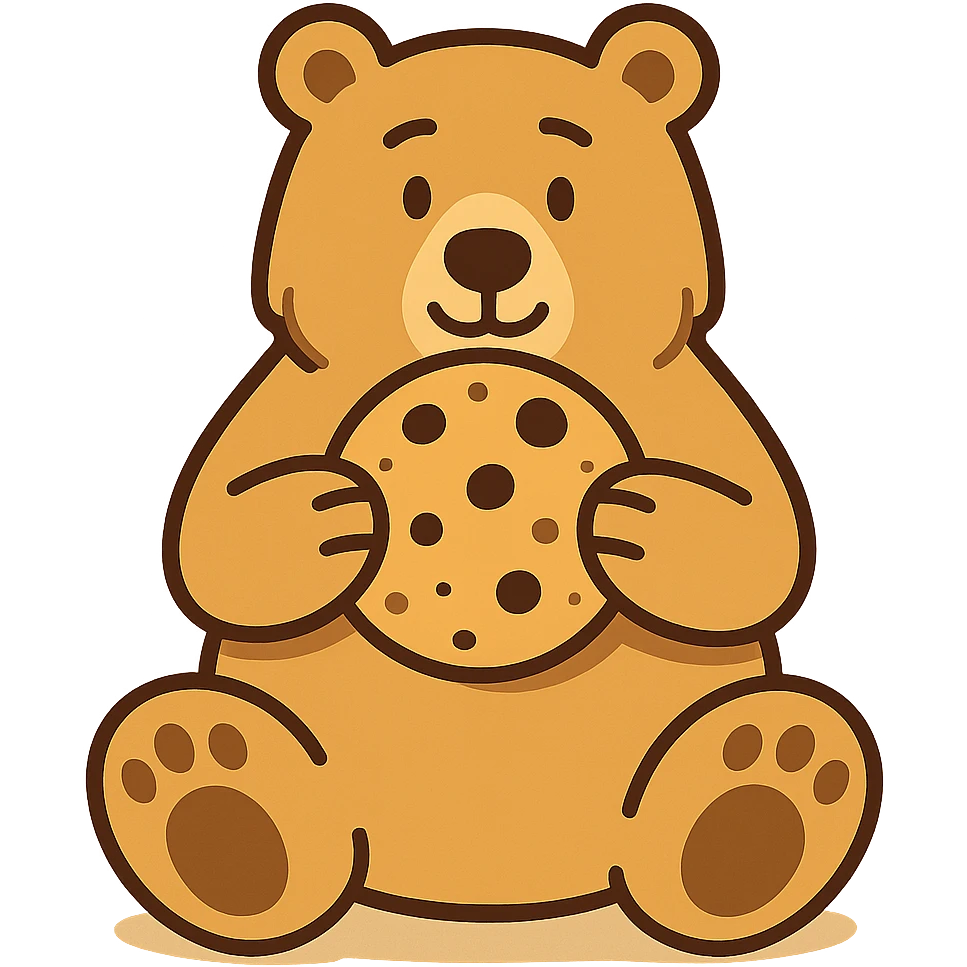 flat toon style blonde grizzly bear sitting, full body, holding a large chocolate chip cookie emoji