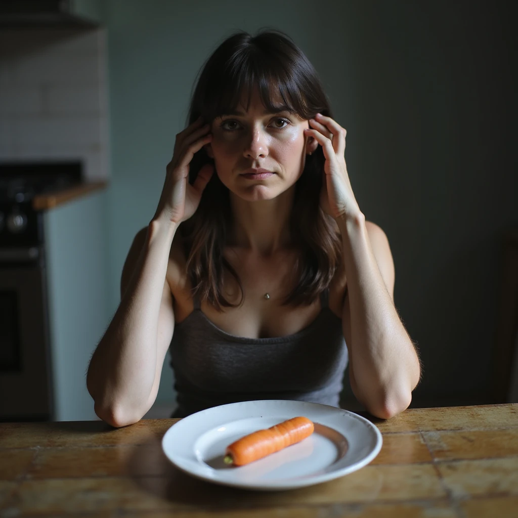 realistic style adult thin woman sitting at kitchen table with an almost empty plate with only a carrot, tired expression, simple kitchen environment, cold lighting, sad atmosphere emoji