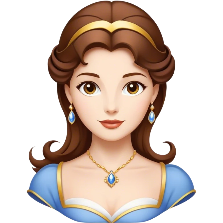 Cinematic Majestic Belle Portrait Emoji, rendered in a clean, vector-style with bold, simplified shapes. Show Belle with a serene, noble expression, fair skin and gracefully styled brown hair, her classic attire refined and understated. The design radiates a majestic, enchanting glow with high shine and a soft glowing outline, embodying royal elegance. emoji